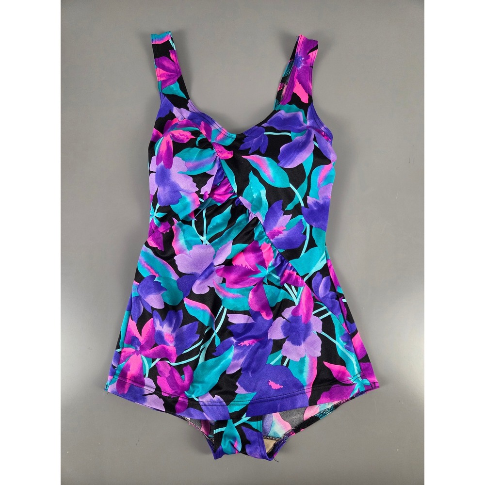 VNT 80s/90s Baltex Body ID One-Piece Maillot Swimsuit Floral Sz 12 Tummy Control